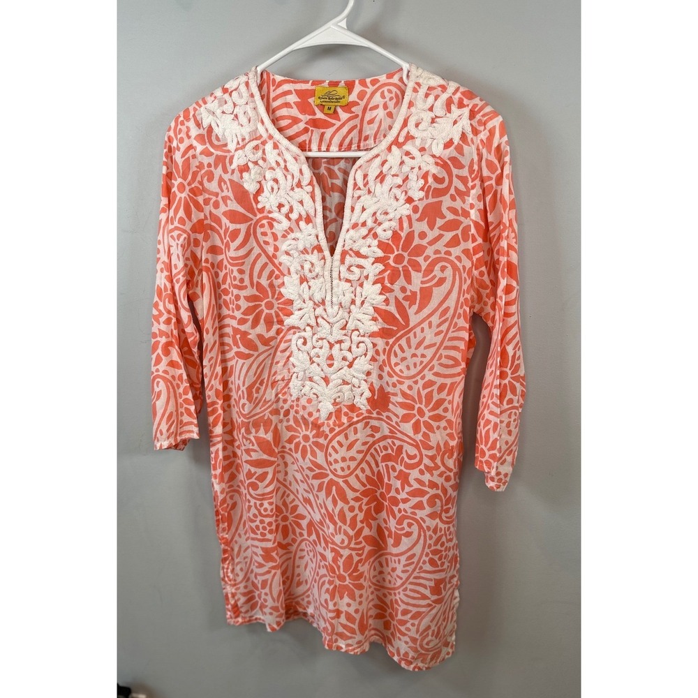 Roberta Roller Rabbit Coral Paisley Cotton Tunic Top Embroidered V-Neck M Womens